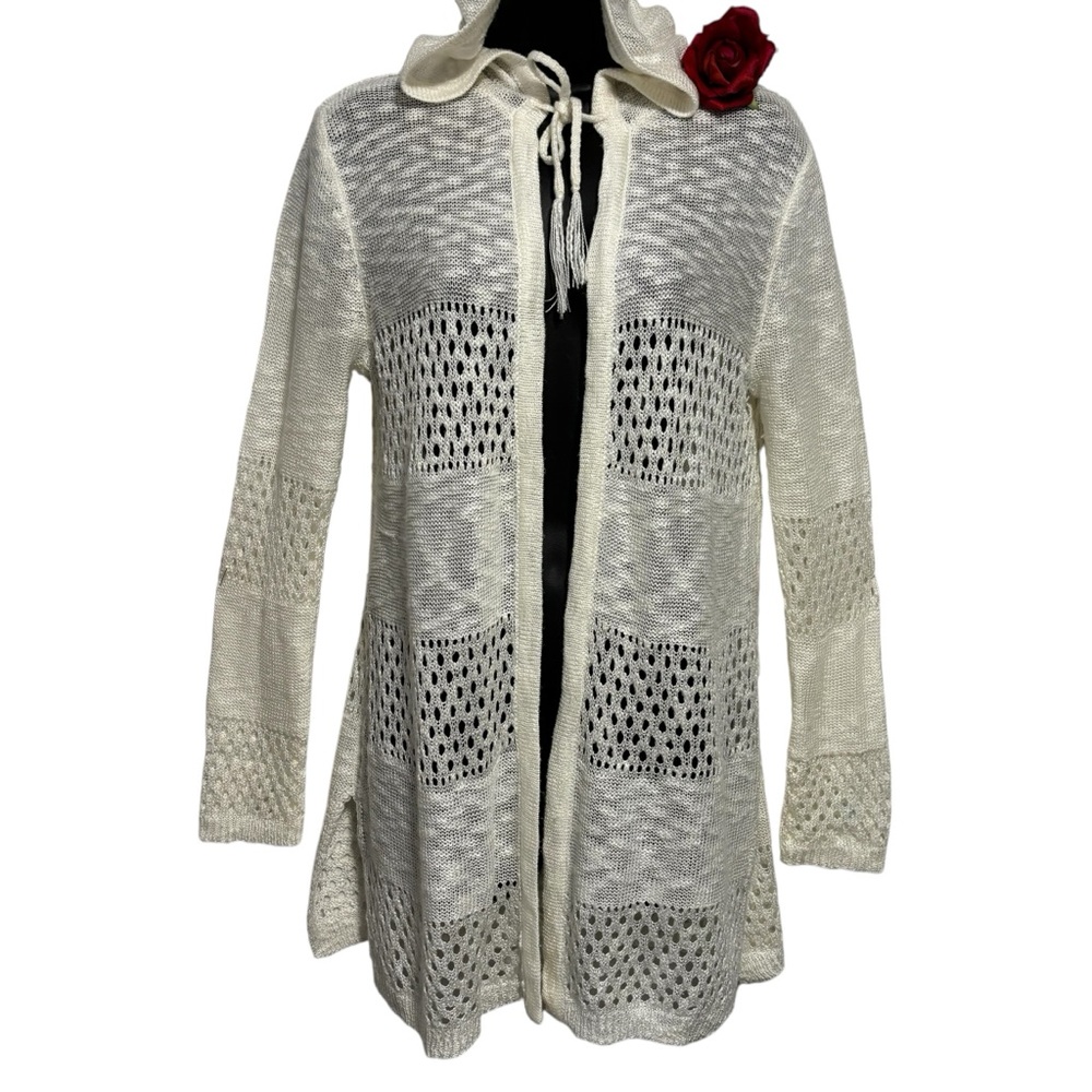 LOVE ELLIE open knit open front hooded cream cardigan ties at neck Med EUC